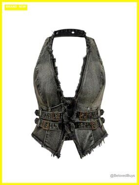 Plus Size Denim Halter Crop Top Frayed Buckle Backless Punk Festival Top